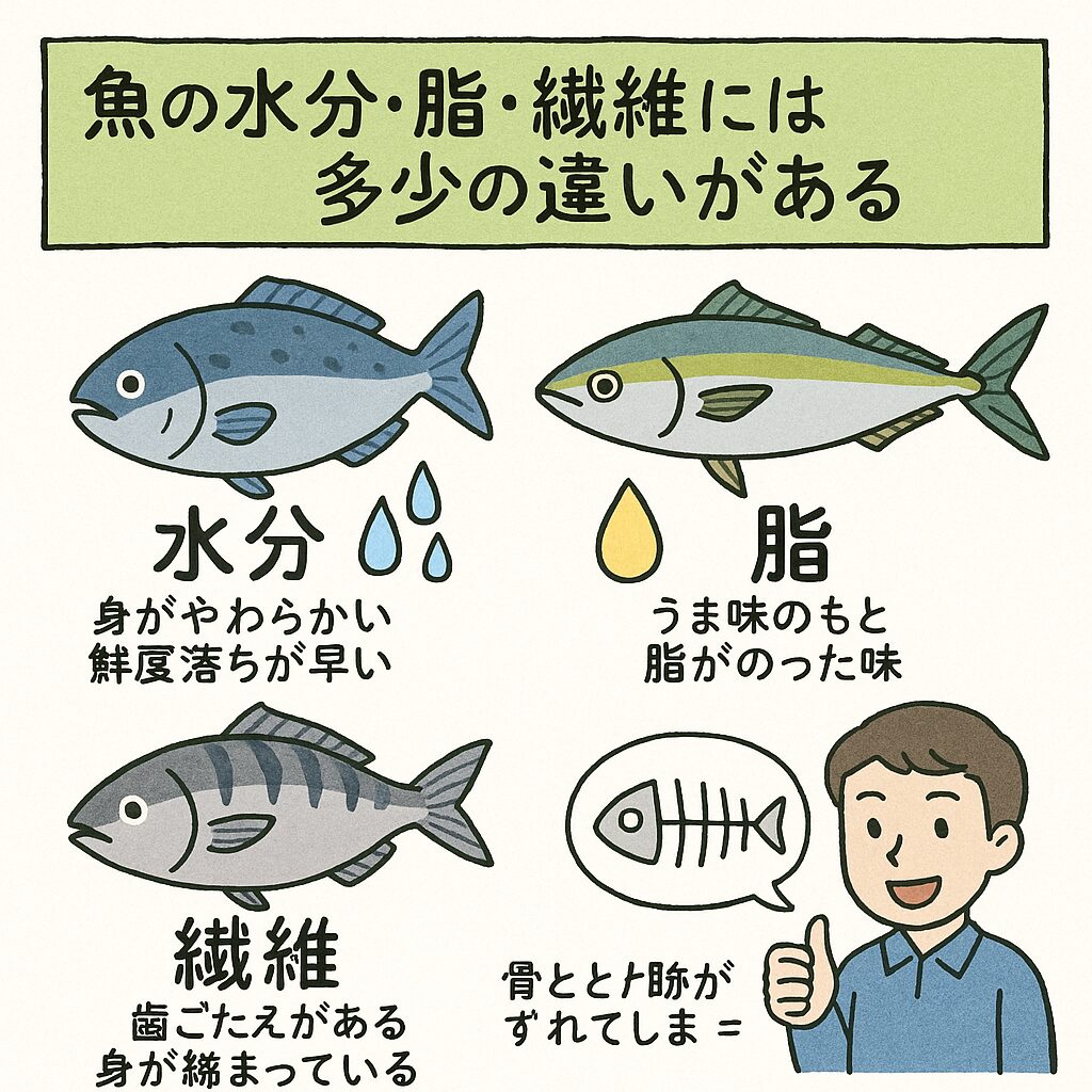 魚には水分、脂、繊維、それぞれ多少がある。これはどうして?釣太郎