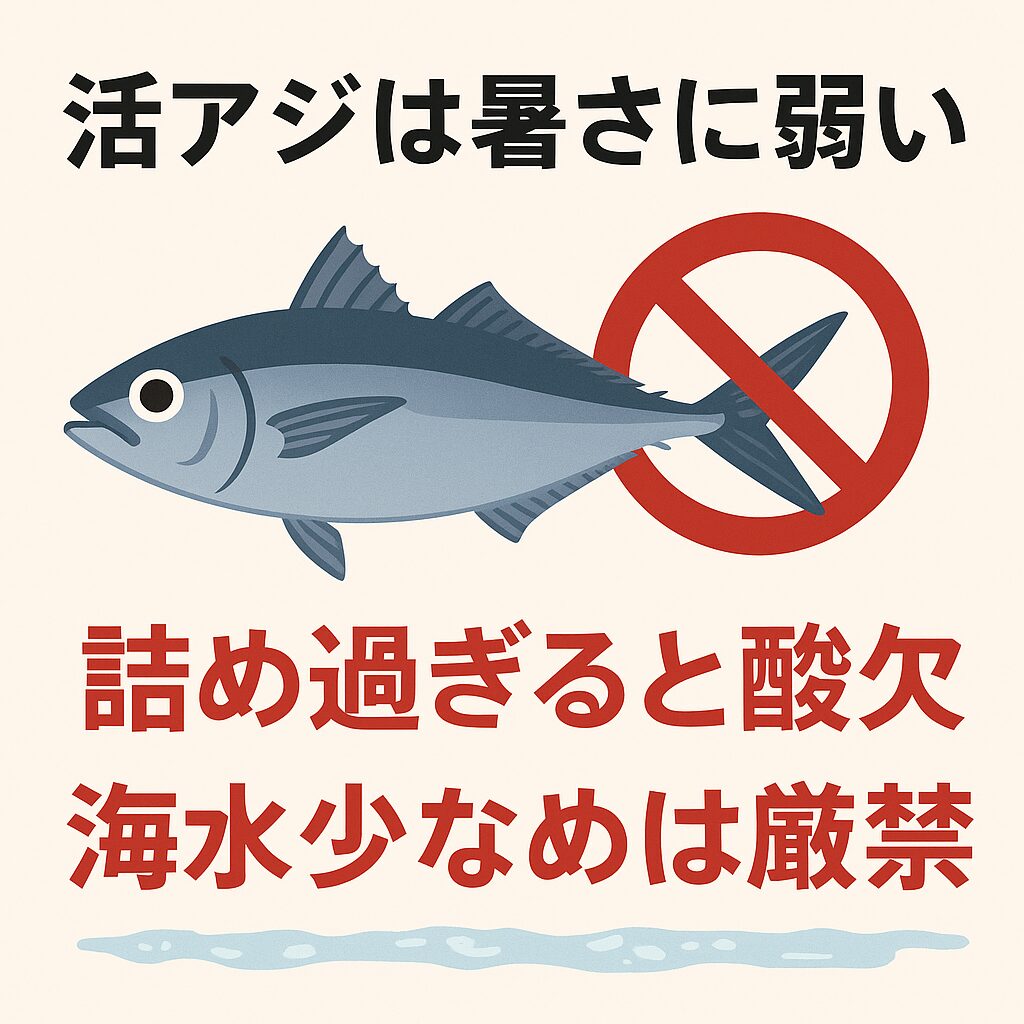 活アジは暑さ化に弱い魚。詰め過ぎと海水少な目は、それに追い打ちをかけるので避けましょう。釣太郎