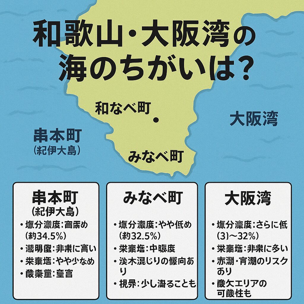 【釣り人必見】和歌山・大阪湾の海の「成分の違い」とは?
~串本・みなべ・和歌山市内・大阪湾を比較!魚の反応にも差が出る?釣太郎