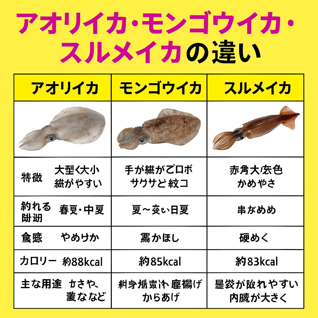 アオリイカ、モンゴウイカ、スルメイカ、そのぞれの成分、食味、特徴を一覧表。釣太郎