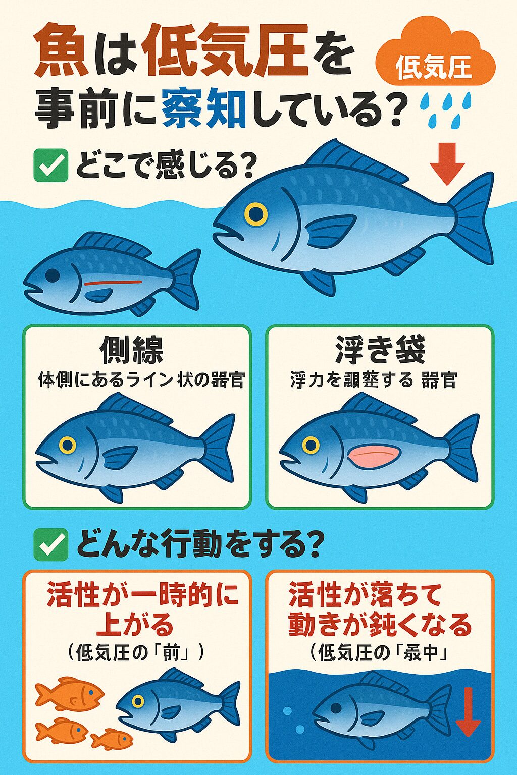 魚は事前に低気圧を察知するのは、魚の体側にあるライン状の器官で、水の流れや圧力の変化を感じる感覚器官。釣太郎