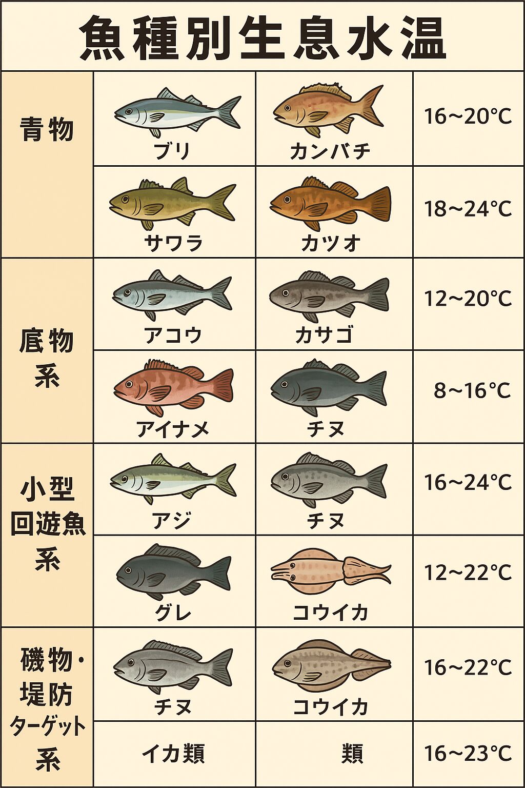 魚種別生息水温一覧表。釣太郎