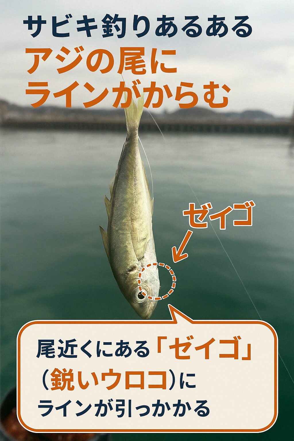尾ひれに仕掛けが絡むのはサビキ釣りの定番シーン。釣太郎