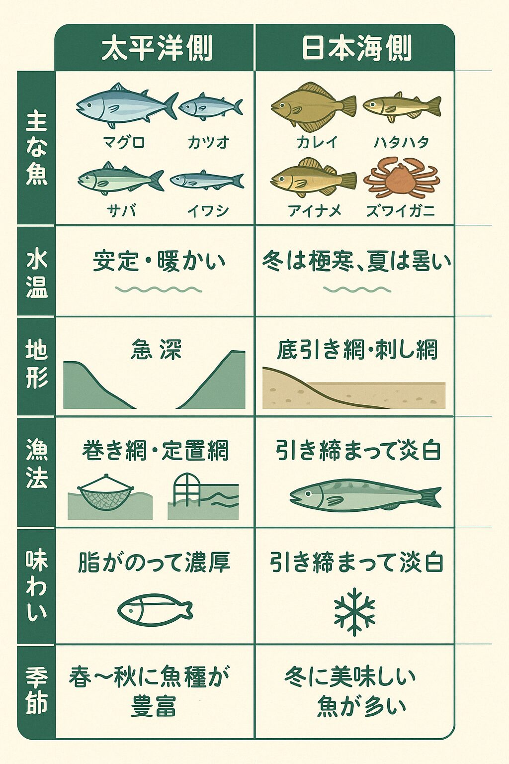 太平洋側と日本海側の魚では、基本的な違い説明。釣太郎