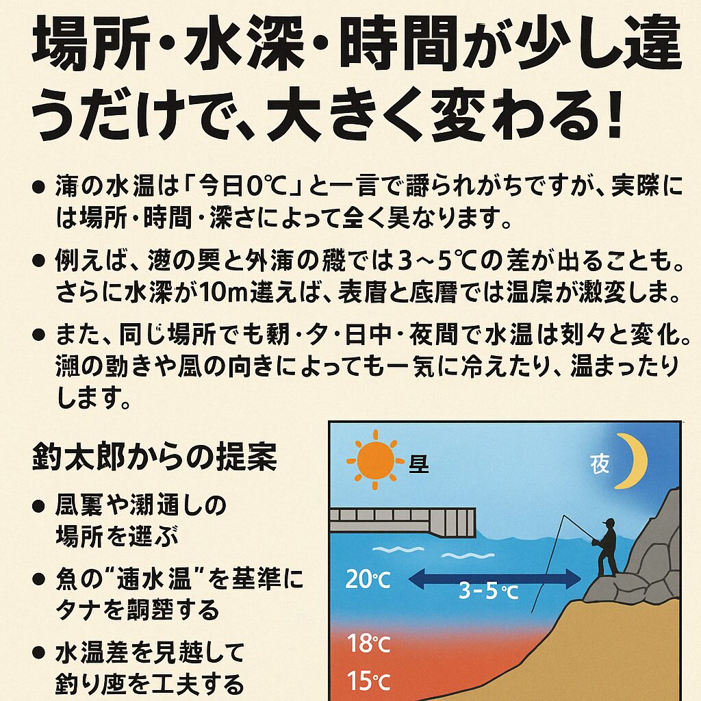 水温はあくまで参考程度に。ピンポイントなので周辺、水村、時間帯、潮により違うことが多い。釣太郎