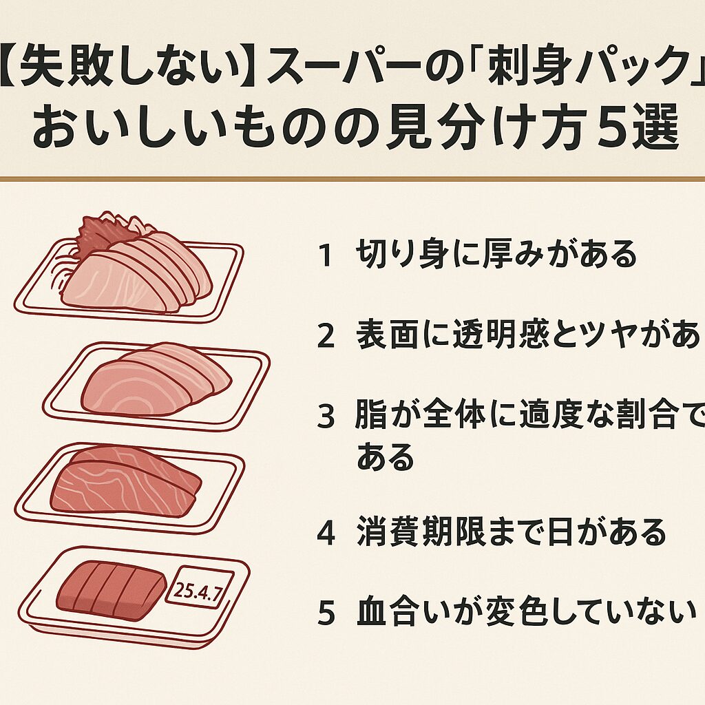 スーパーで売っている「刺身パック」の良し悪しの見分け方説明。釣太郎