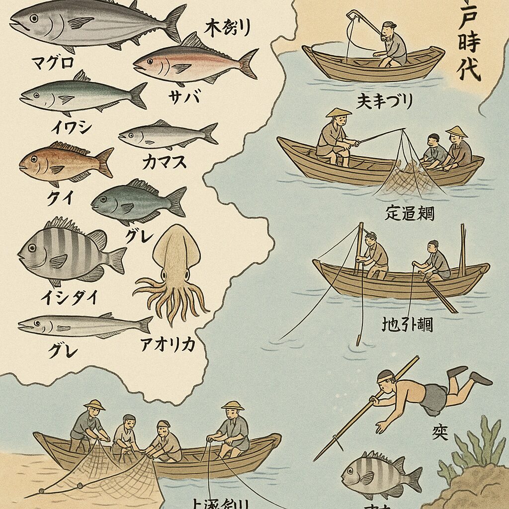 江戸時代の紀州の代表的漁法① 一本釣り。②餌釣りや擬似餌（疑似餌に布を巻く「房掛け」）も使われていた。 一本の竿で狙うため魚の鮮度が保たれ、身がきれいで喜ばれた。 ② 地引網（じびきあみ） 浜に陣取って、沖から網を引っ張る古典的な漁法。 アジ・イワシ・サバなどの群れを一網打尽にできた。 ③ 定置網（ていちあみ） 回遊魚を狙った大型漁法で、黒潮の通り道に設置。 カツオ・マグロ・サバなどを効率よく漁獲できた。 特に江戸後期には紀伊大島（串本）で盛んだった。 ④ 胴突き釣り（磯・沖の釣法） 今で言う「胴付き仕掛け」や「天秤仕掛け」の原型。 沖の根魚やイカなどを狙うのに適していた。 ⑤ クエ（アラ）やハタ類の素潜り漁。釣太郎