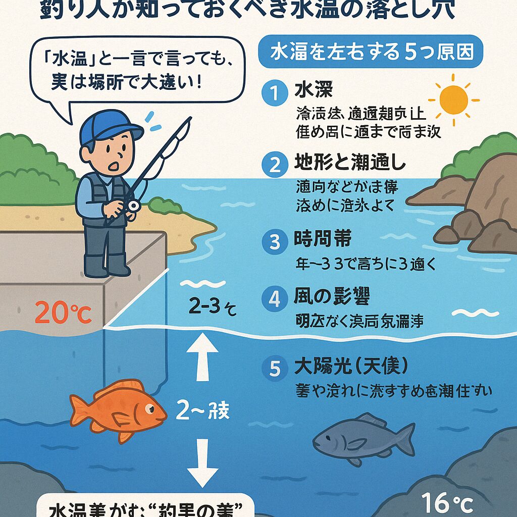 水温はピンポイント地点のもので、場所や時間、水深が変われば大違い。釣太郎