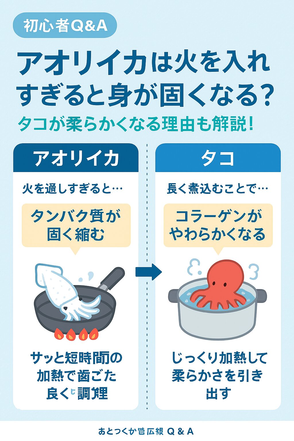 アオリイカは火を通すと固くなりやすい。タコはこの逆。この違いの説明。釣太郎
