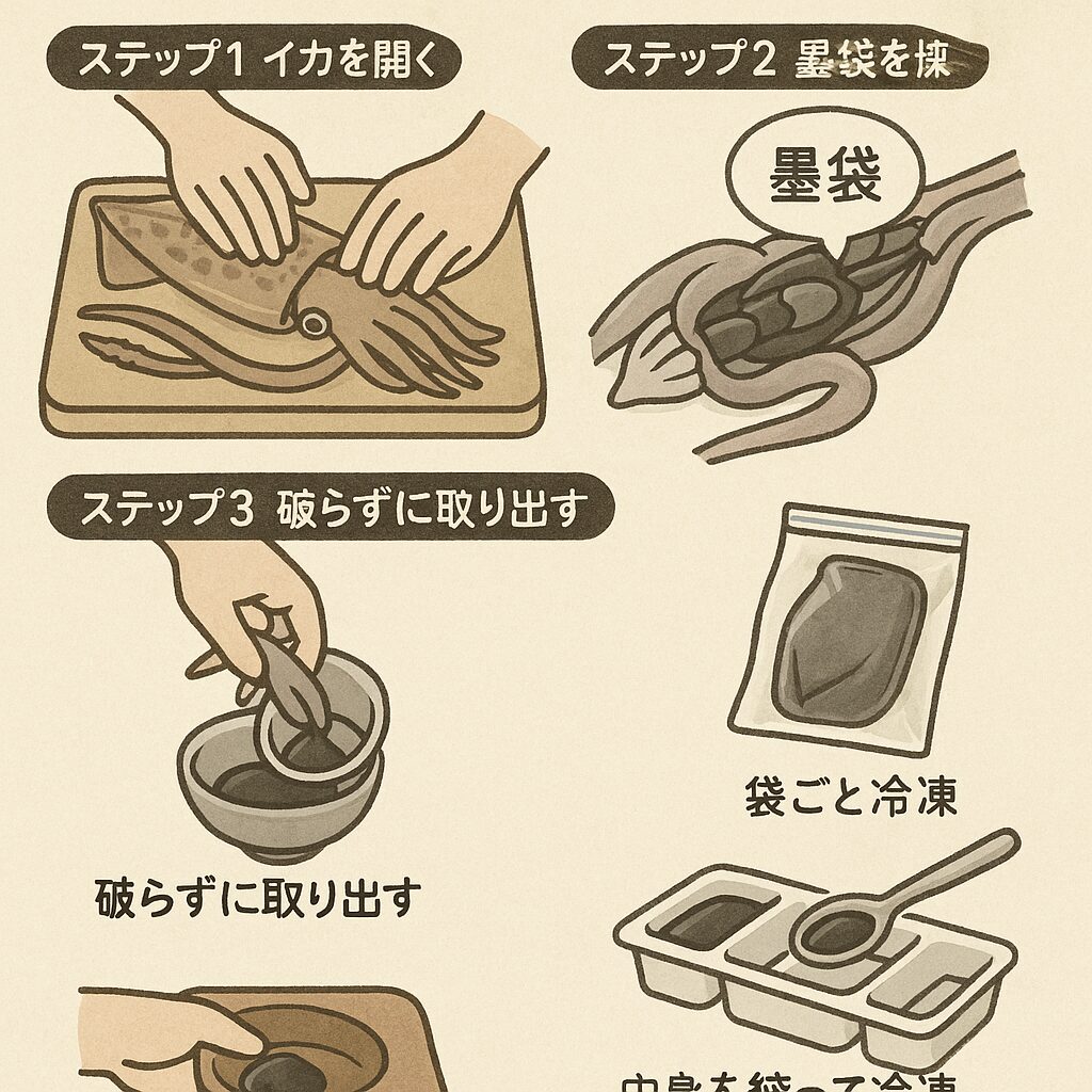 アオリイカ墨の取り出し方と冷凍保存法の説明。釣太郎