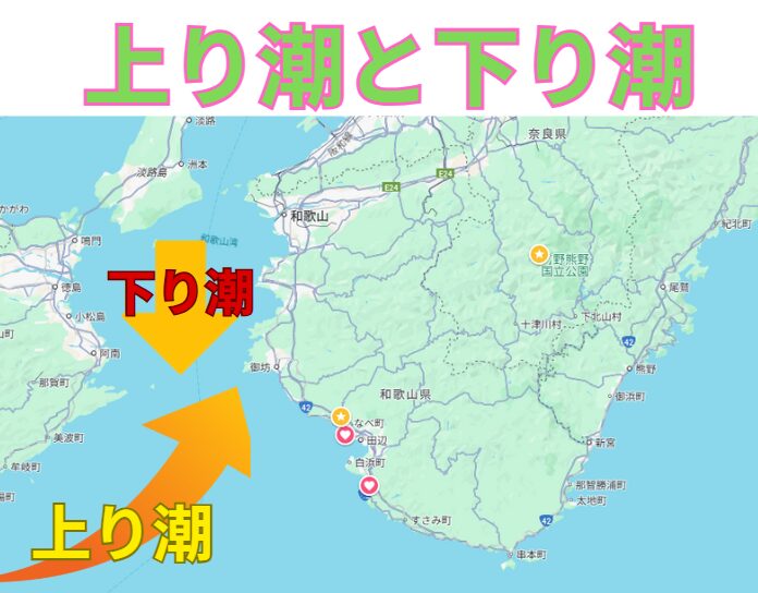 南紀地方では大阪方面が上り潮、大阪から串本に流れるのが下り潮。この特徴を釣り人に説明。釣太郎