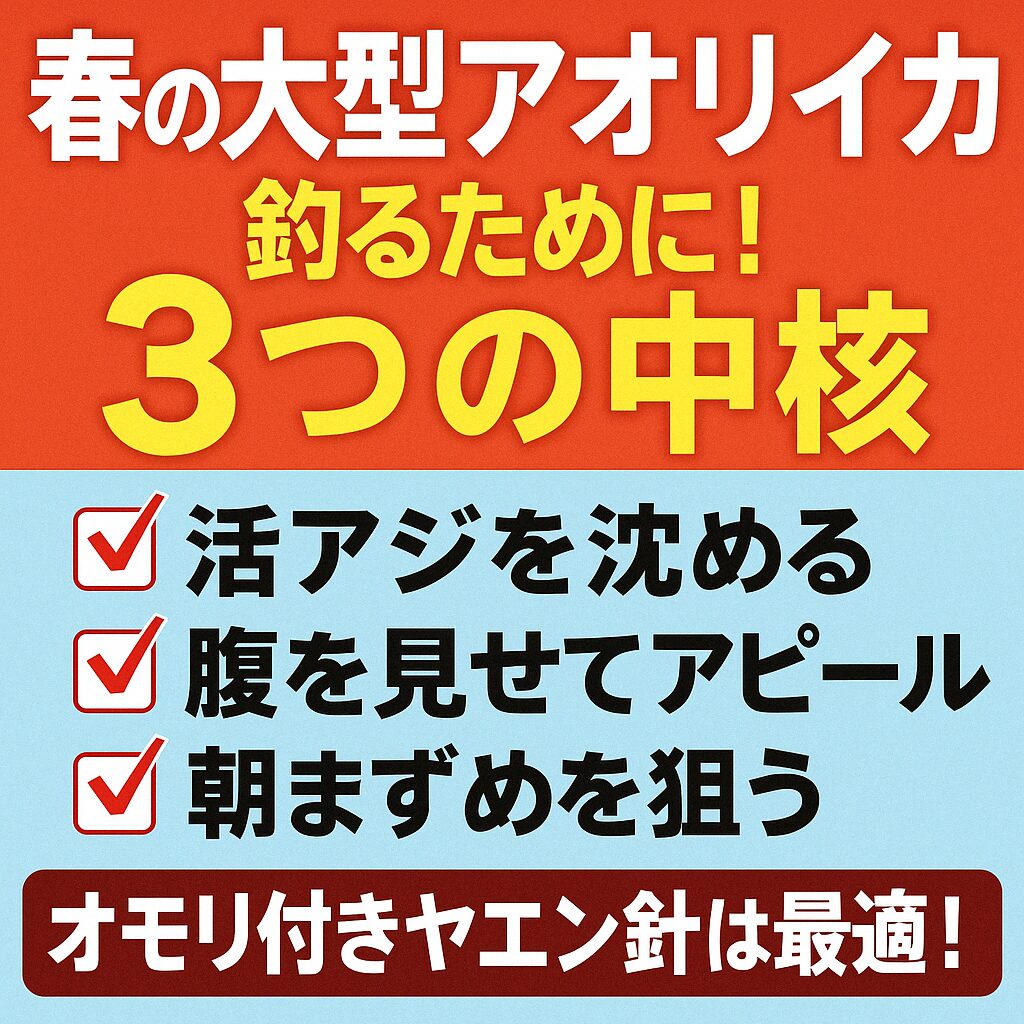 春の大型アオリイカを釣るなら、この3つを意識!活アジを沈める。腹を見せてアピール。朝まずめを狙う。 この3点を実践できる「オモリ付きヤエン針」を使えば、一段と確実性を増すはずです。釣太郎
