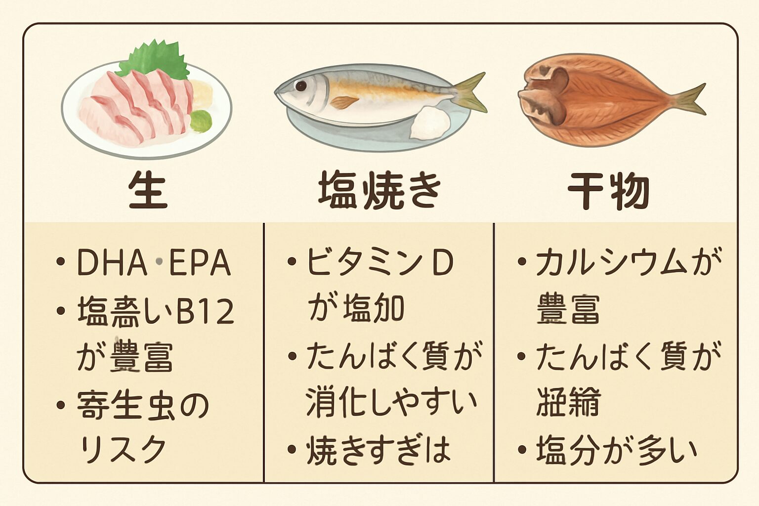 アジは生、塩焼き、干物、栄養価成が変わる。釣太郎
