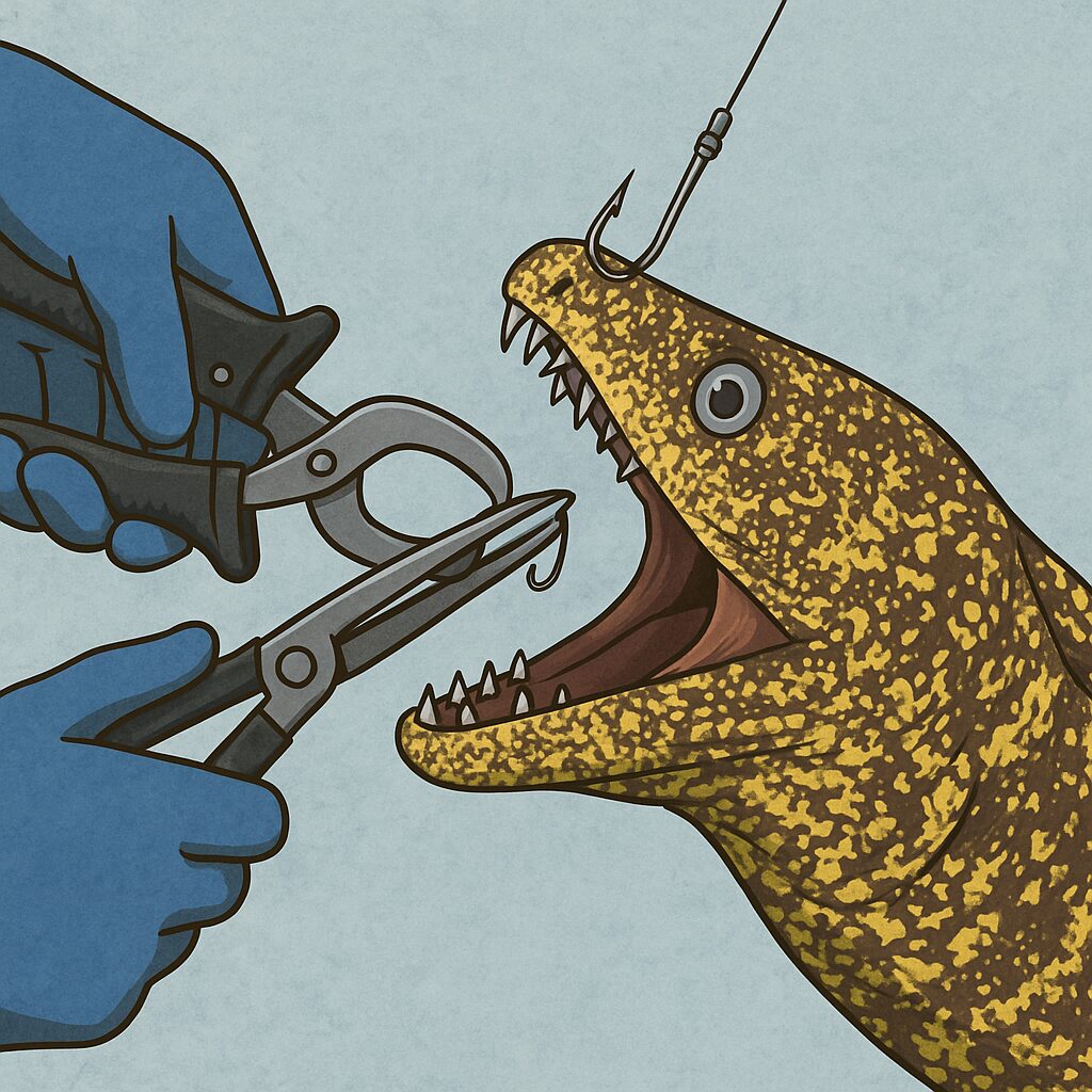 ウツボを安全に針から外すテクニック紹介。釣太郎