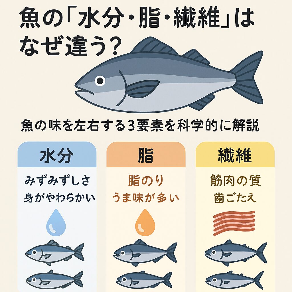 魚には脂や水分が多い少ない、繊維が荒い細かいがある。これは何により影響を受けているのか？釣太郎