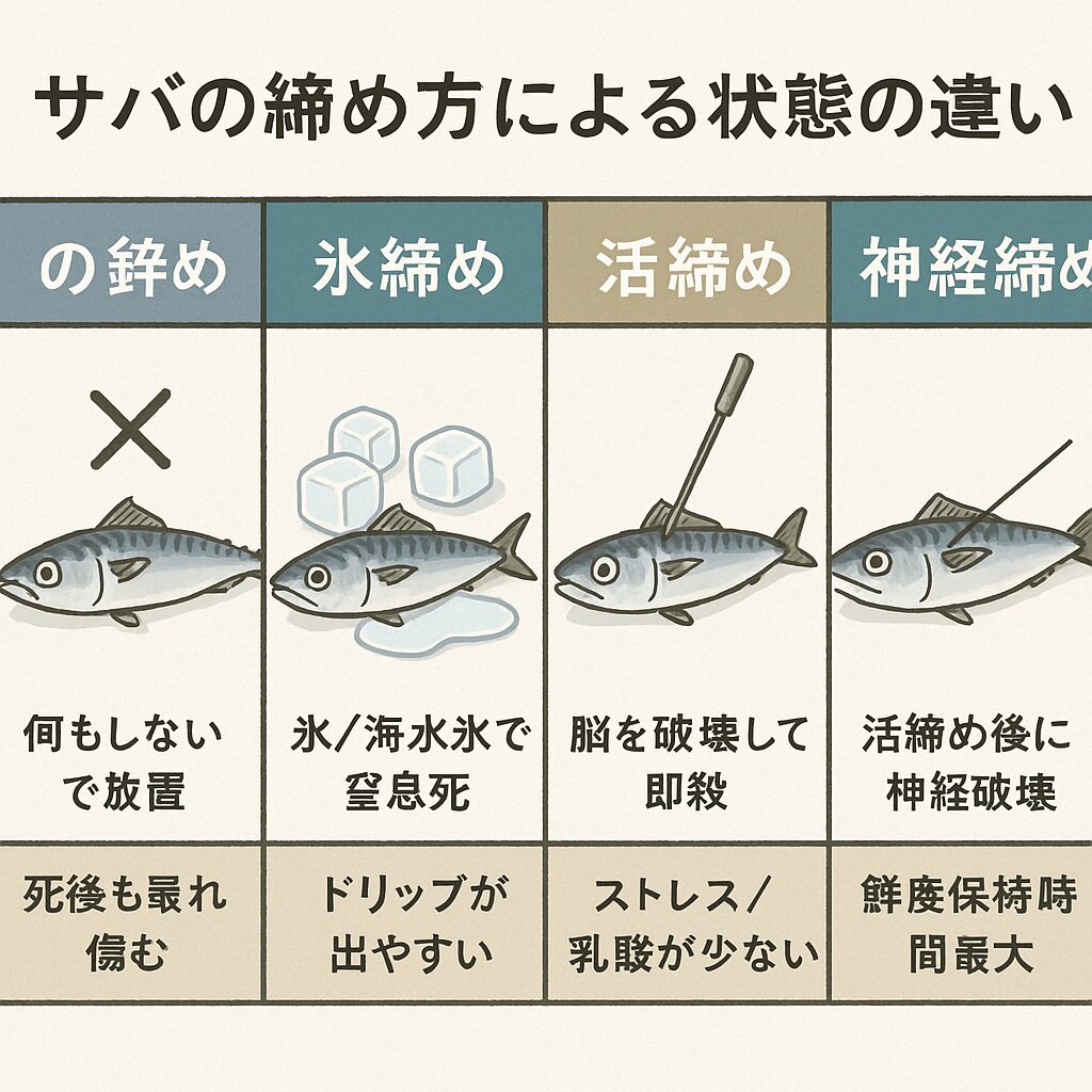 サバの締め方で味が変わる！野締め・氷締め・活締め・神経締めの科学的違い説明。釣太郎