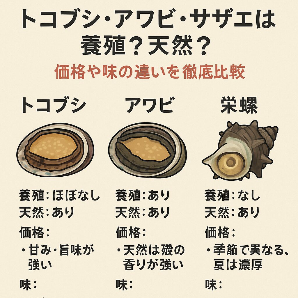 アワビは養殖されているが、トコブシとサザエはほぼ天然のみ。釣太郎