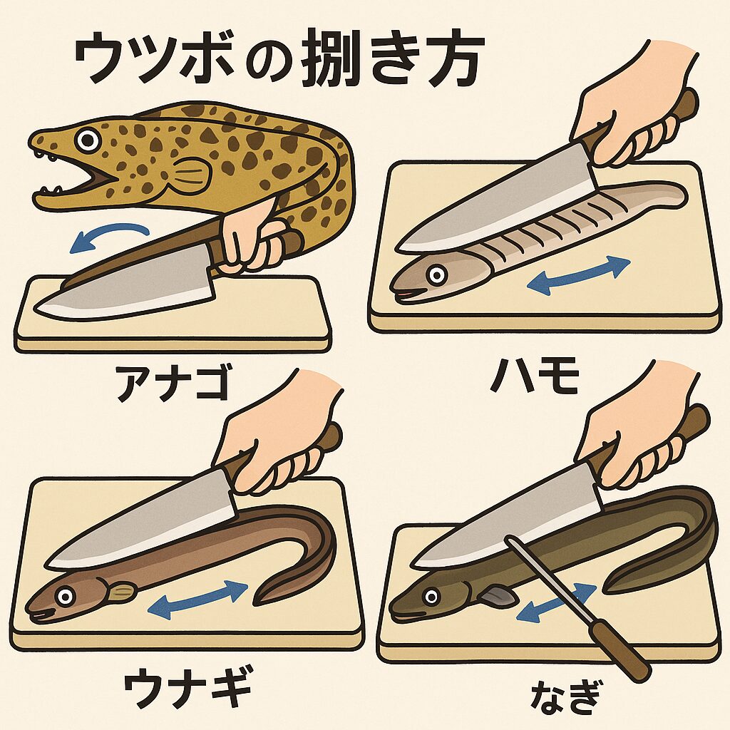 ウツボ・ハモ・アナゴ・ウナギの捌き方説明。釣太郎