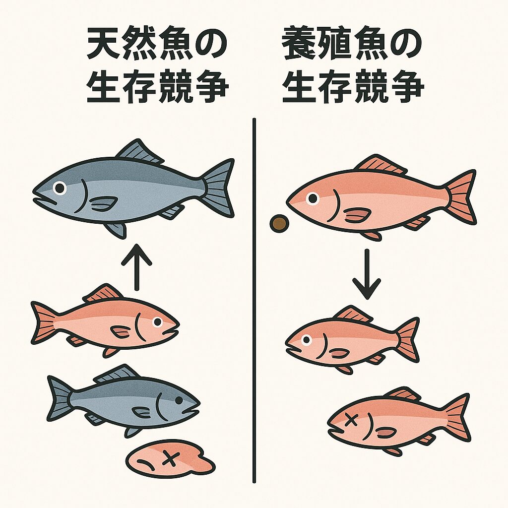 養殖の世界にも「弱肉強食」はあります。ただし、自然界とは形が異なるため、「平安に暮らしている」とは言えません。釣太郎