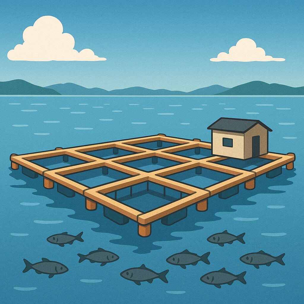 養殖魚を育てる筏、小割の説明。釣太郎