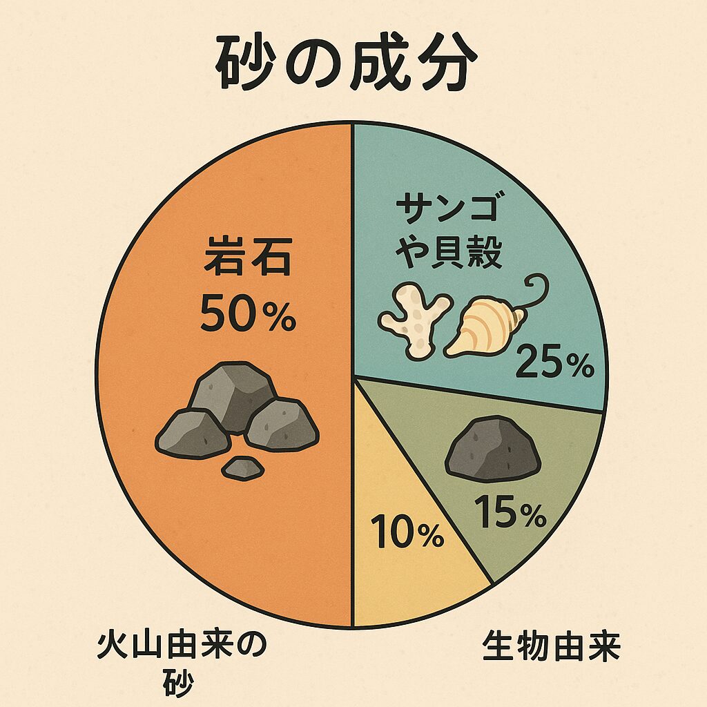 ビーチの砂の成分と形成時間説明。釣太郎