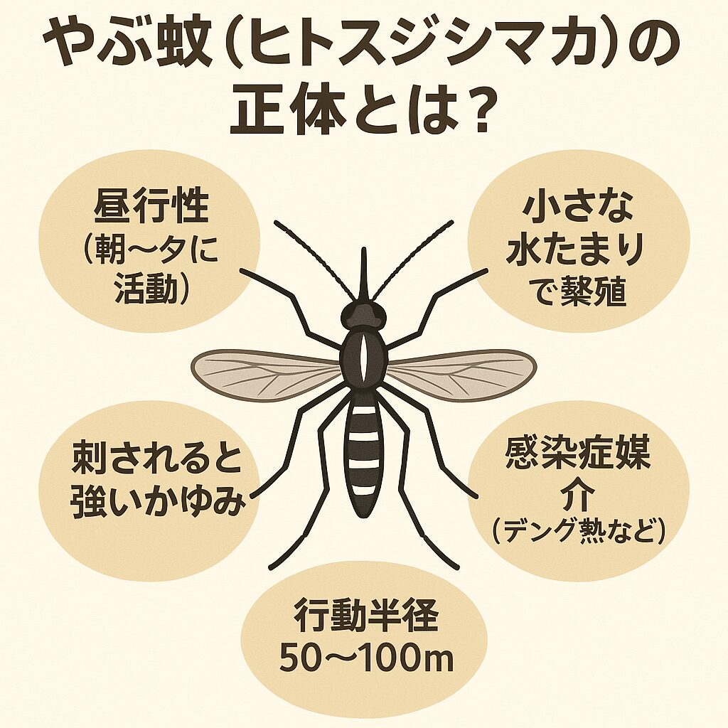 ・「やぶ蚊」は一般にヒトスジシマカのことを指す。・昼行性で釣り・アウトドア・家庭菜園中の大敵。釣太郎
