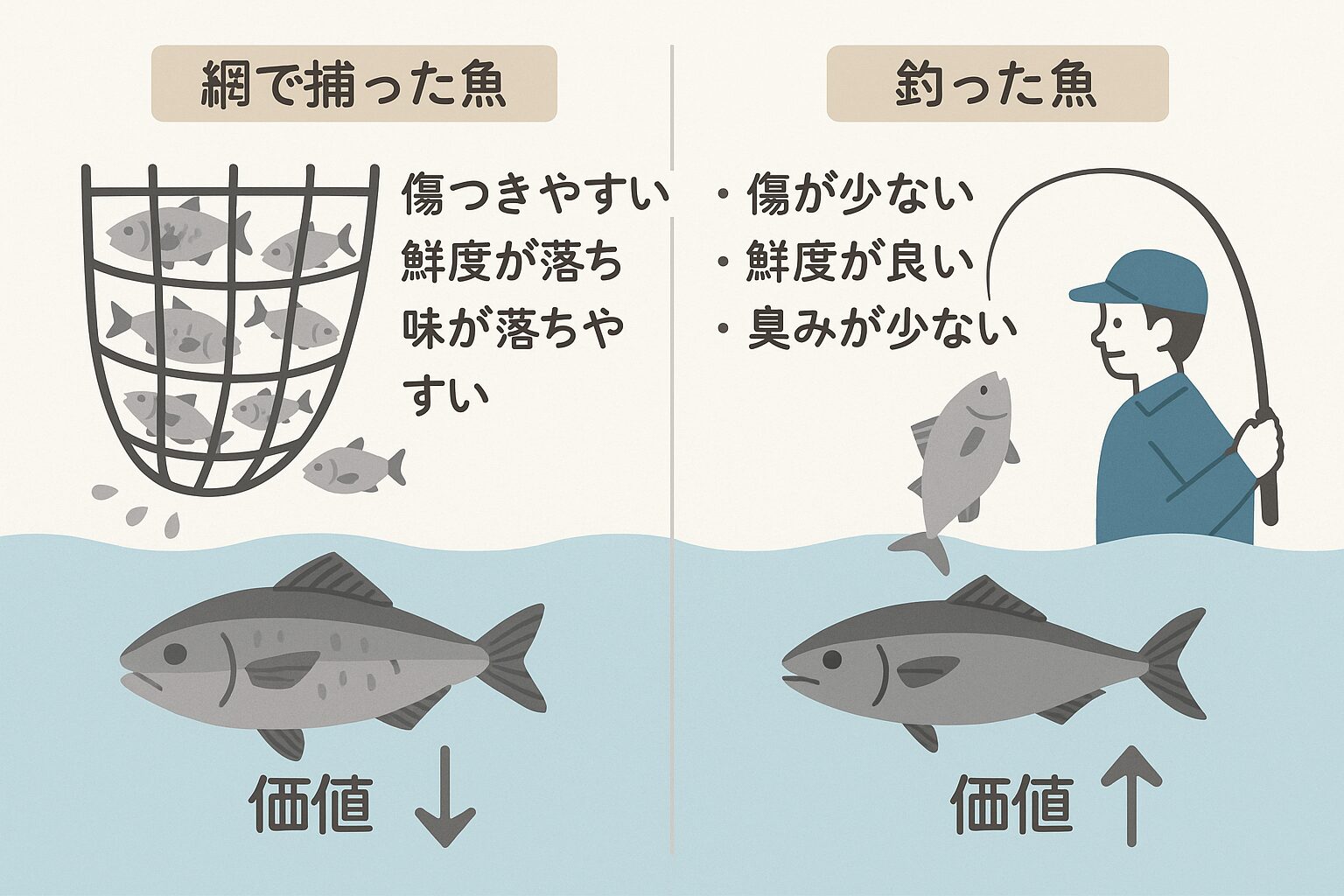 魚は「網で捕獲されたもの」と「釣りで一本ずつ獲られたもの」とでは、品質・味・価値に大きな差が出ます。釣太郎