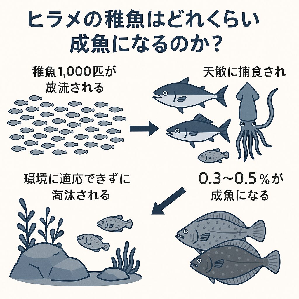 放流されたヒラメ稚魚1,000匹のうち、およそ3～5匹が成魚になる。釣太郎