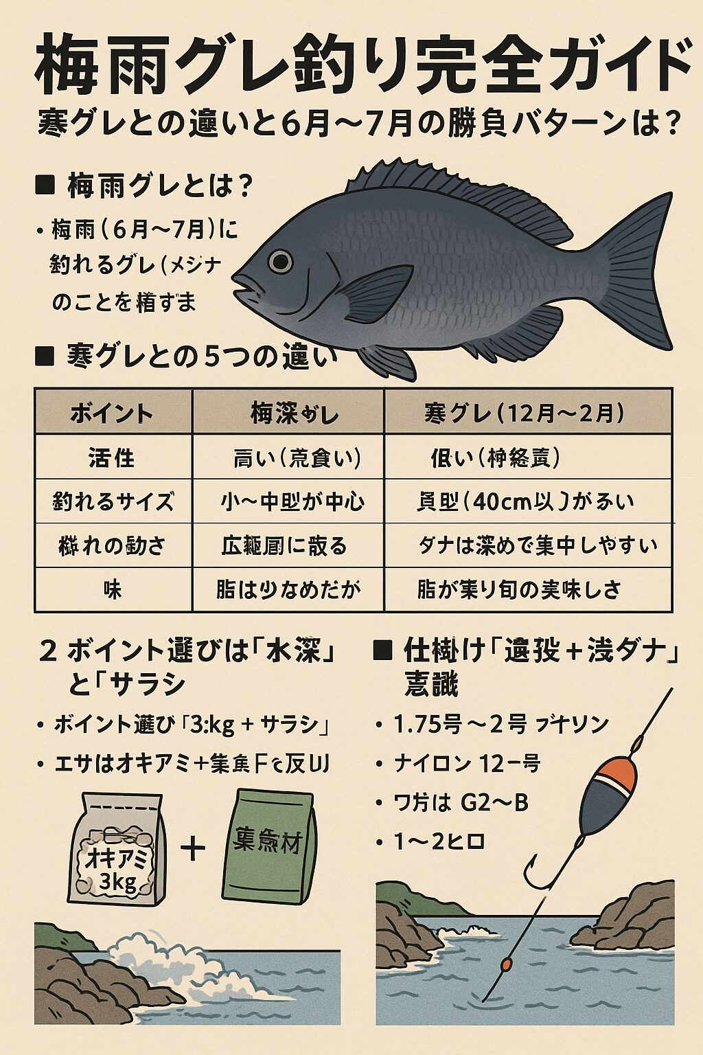 梅雨グレ（メジナ）釣りの特徴説明。釣太郎