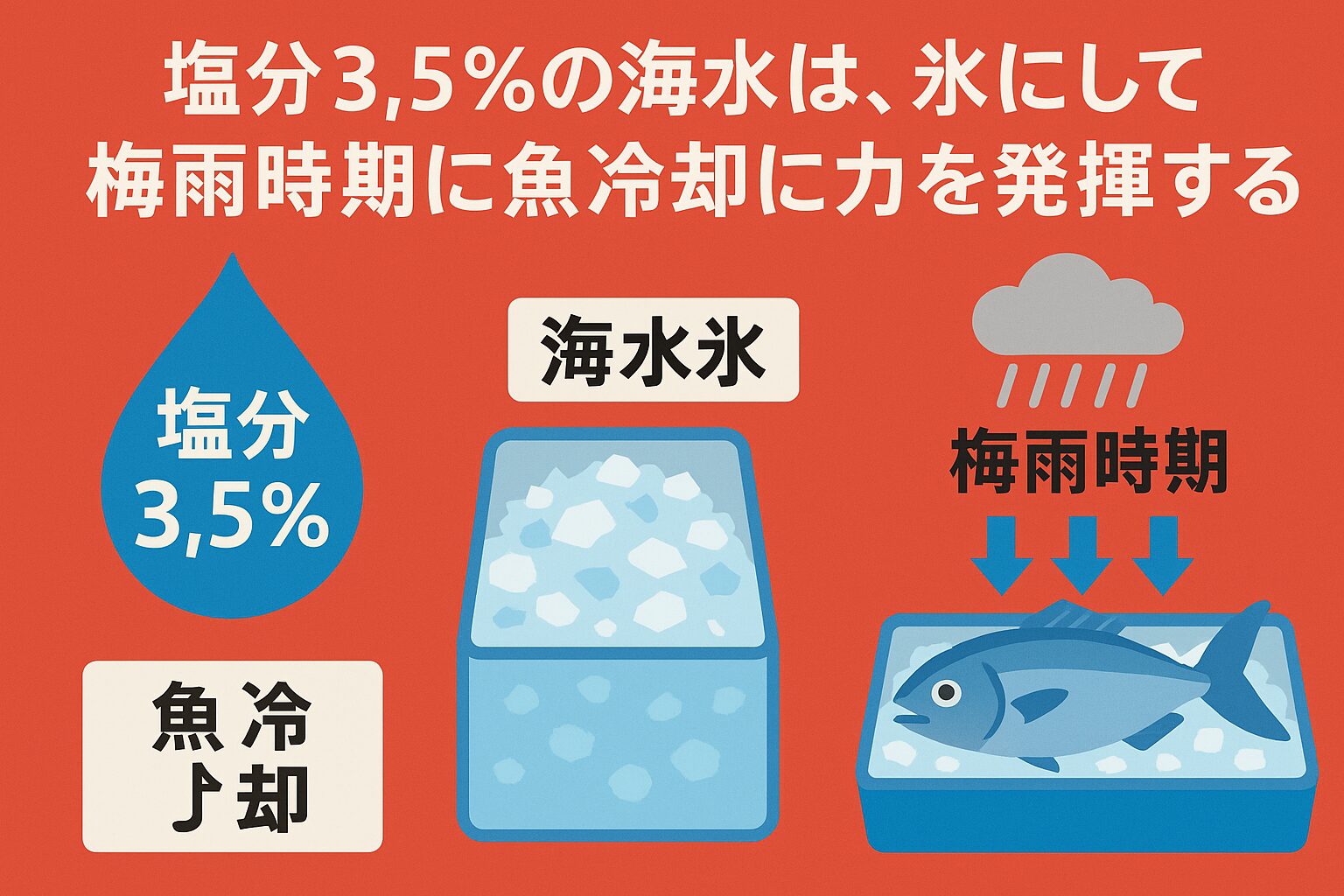 塩分3.5%の海水は、氷にして梅雨時期に魚冷却に力を発揮する。釣太郎