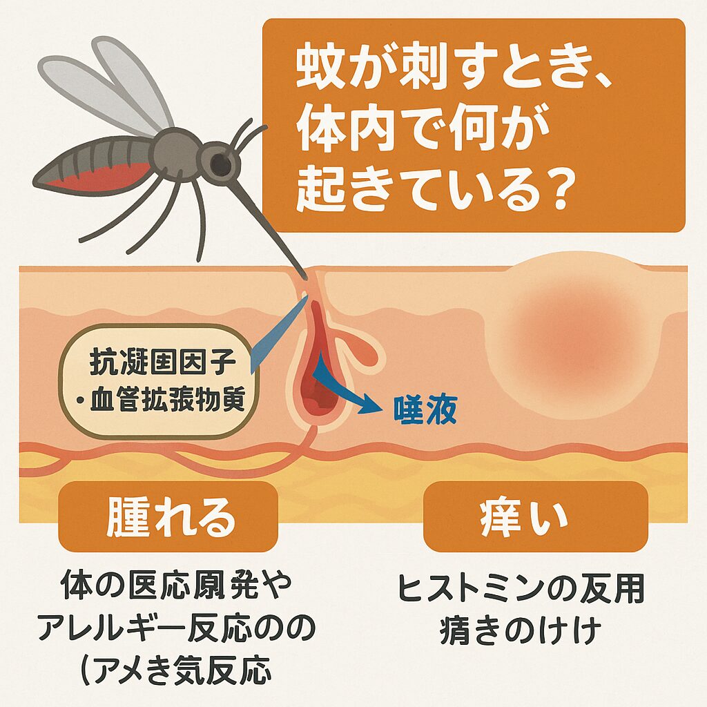 蚊は刺す時、血液を吸い上げると同時に、**唾液(蚊の唾液成分)**を体内に注入します。釣太郎