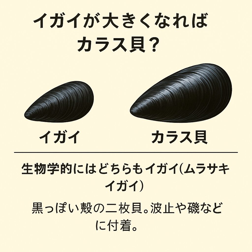 イガイとカラス貝、どちらも「ムラサキイガイ」と呼ばれる同じ種の貝。呼び方の違いだけ。釣太郎