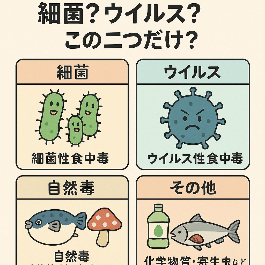食中毒の原因は4種類に分かれる。・細菌性食中毒・ウイルス性食中毒・自然毒(動物性・植物性)・化学物質・寄生虫などその他の原因。釣太郎