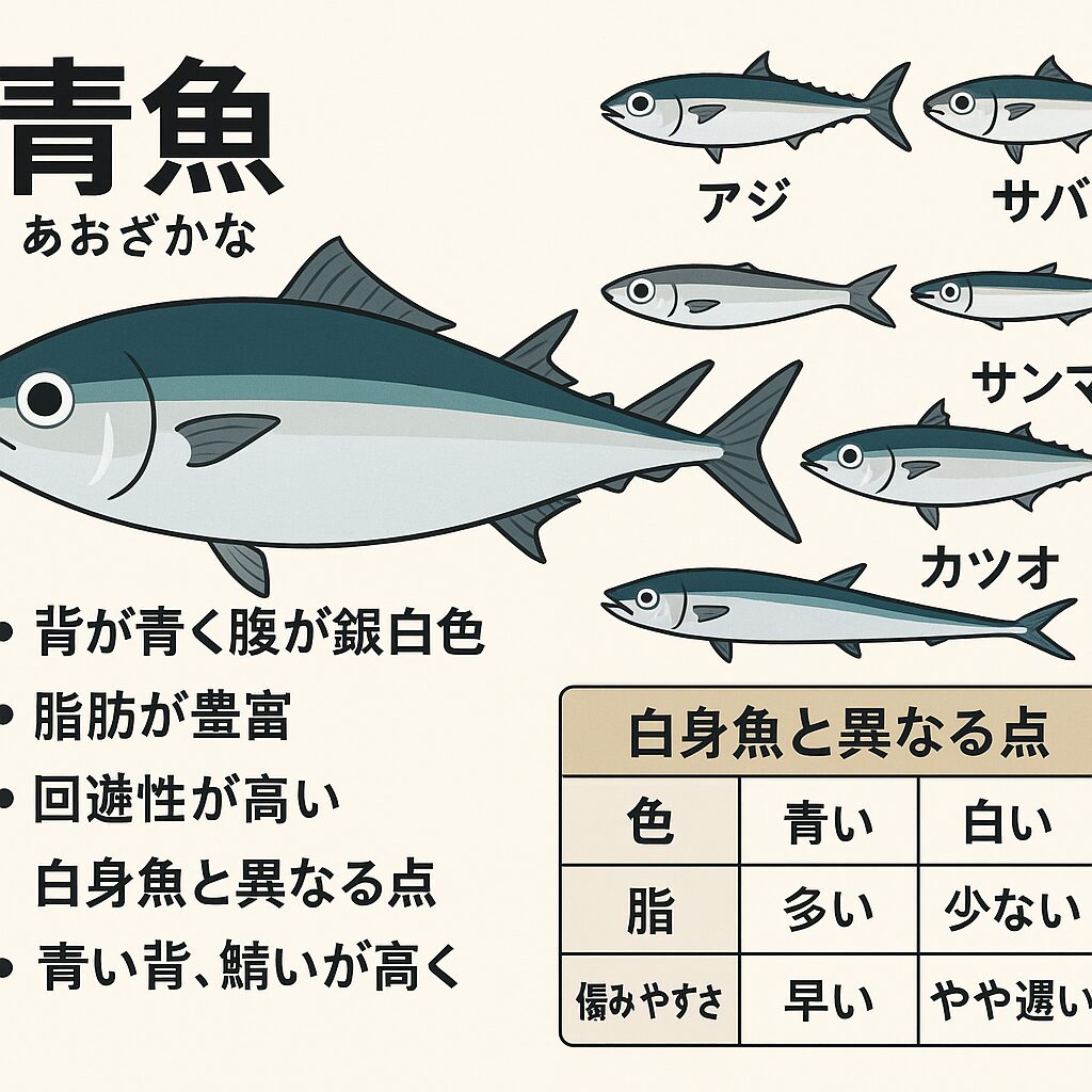 青魚という言葉は、体表が青みがかっており、脂肪が豊富で、回遊性が高い魚を総称して使う言葉。釣太郎