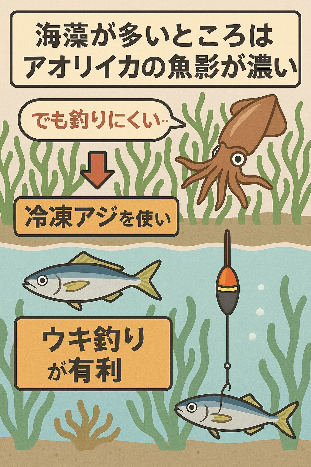 海藻の下にいる大型アオリイカを、あなたもこの春最後に仕留めてみませんか？釣太郎