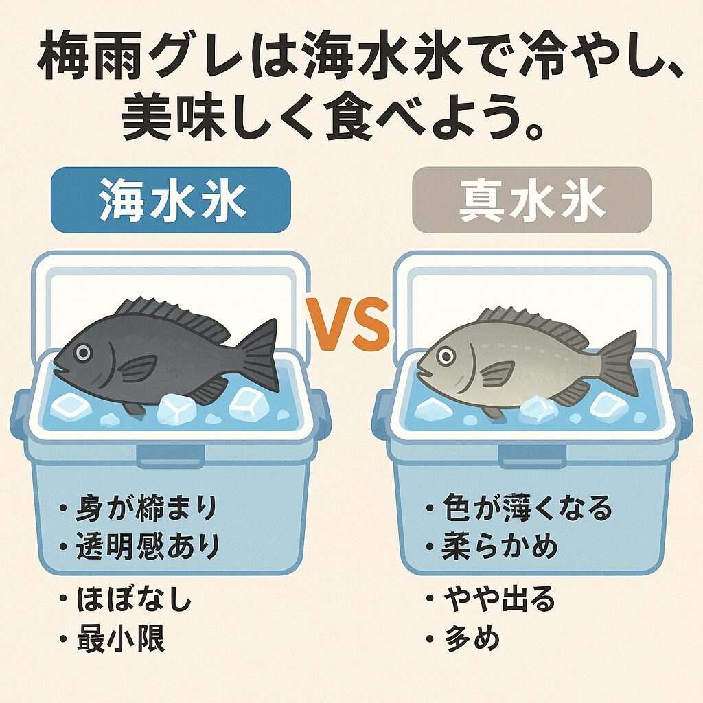 梅雨時のグレは「海水氷」で保存することで、鮮度・食感・見た目のすべてを最高の状態で維持できます。釣太郎