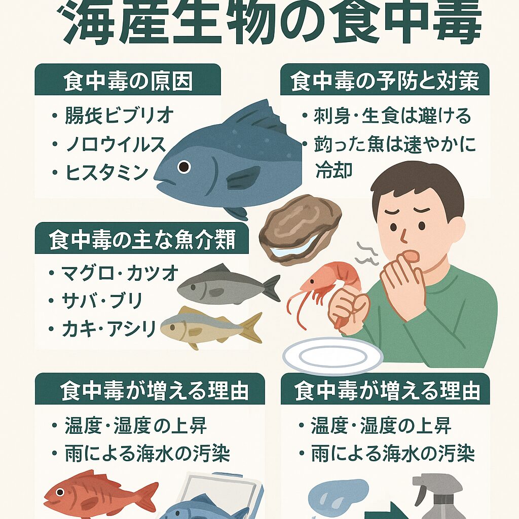 気温20℃以上、湿度70％以上の環境は腸炎ビブリオや雑菌の温床になるため、梅雨時期は食中毒が増える。釣太郎