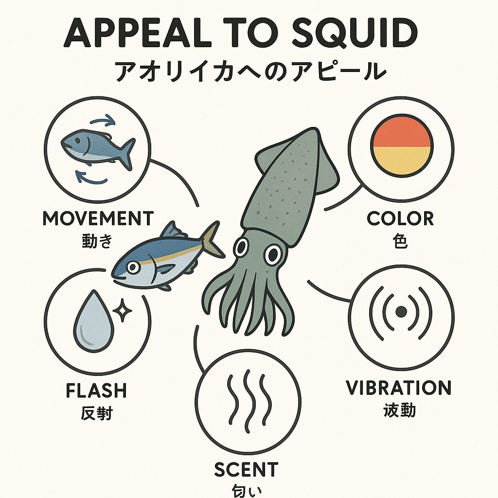 冷凍アジのアオリイカへのモーションは、「動き」だけでなく、匂いや光の反射、波動など多面的なアピールが重要です。釣太郎