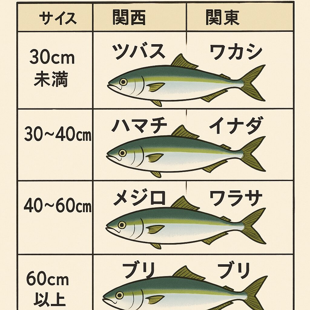 ブリのサイズごとの呼び名を関西と関東で比較した一覧表。釣太郎