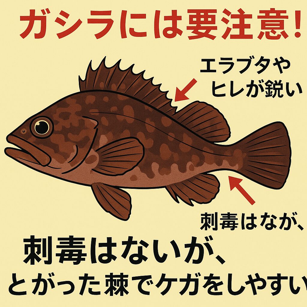 ガシラ（カサゴ）は刺毒魚ではないが、指先を突いたり切る人は多い危険魚。釣太郎