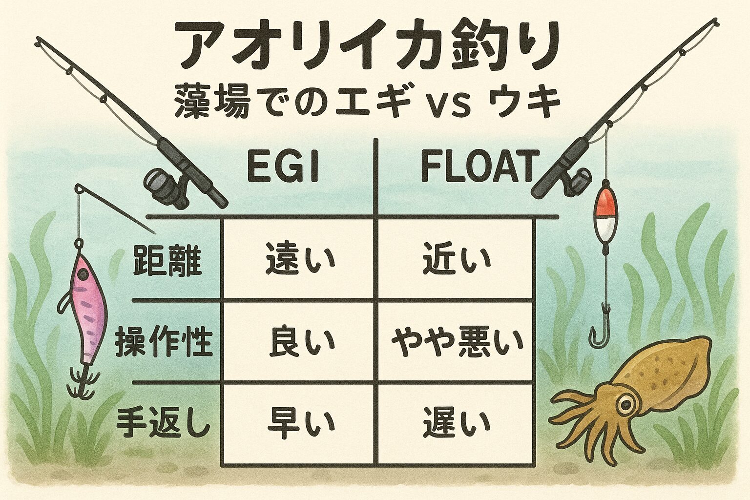 アオリイカ釣り、藻場ではどっちが有利?エギvsウキ釣り徹底比較!釣太郎