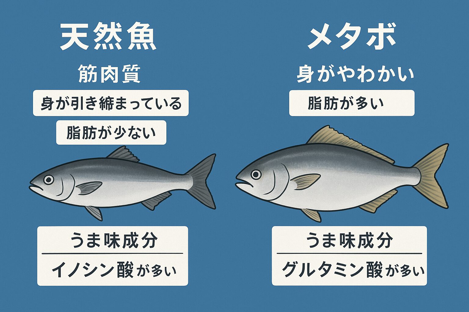 天然魚は筋肉質で身が締まっており、養殖魚はメタボで年間を通じて脂がのっている。釣太郎