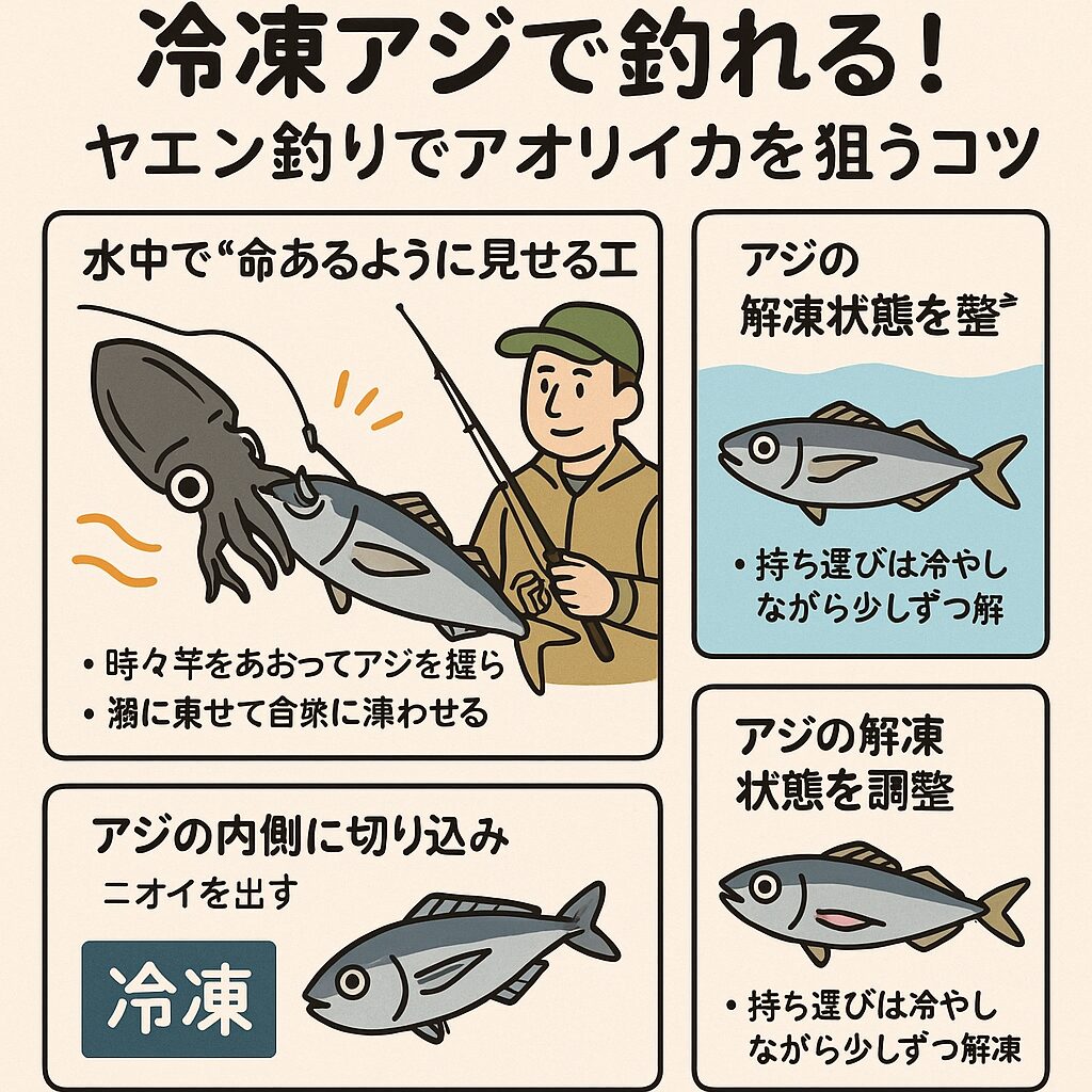 冷凍アジでアオリイカを宇tる方法説明。ヤエン釣り。釣太郎