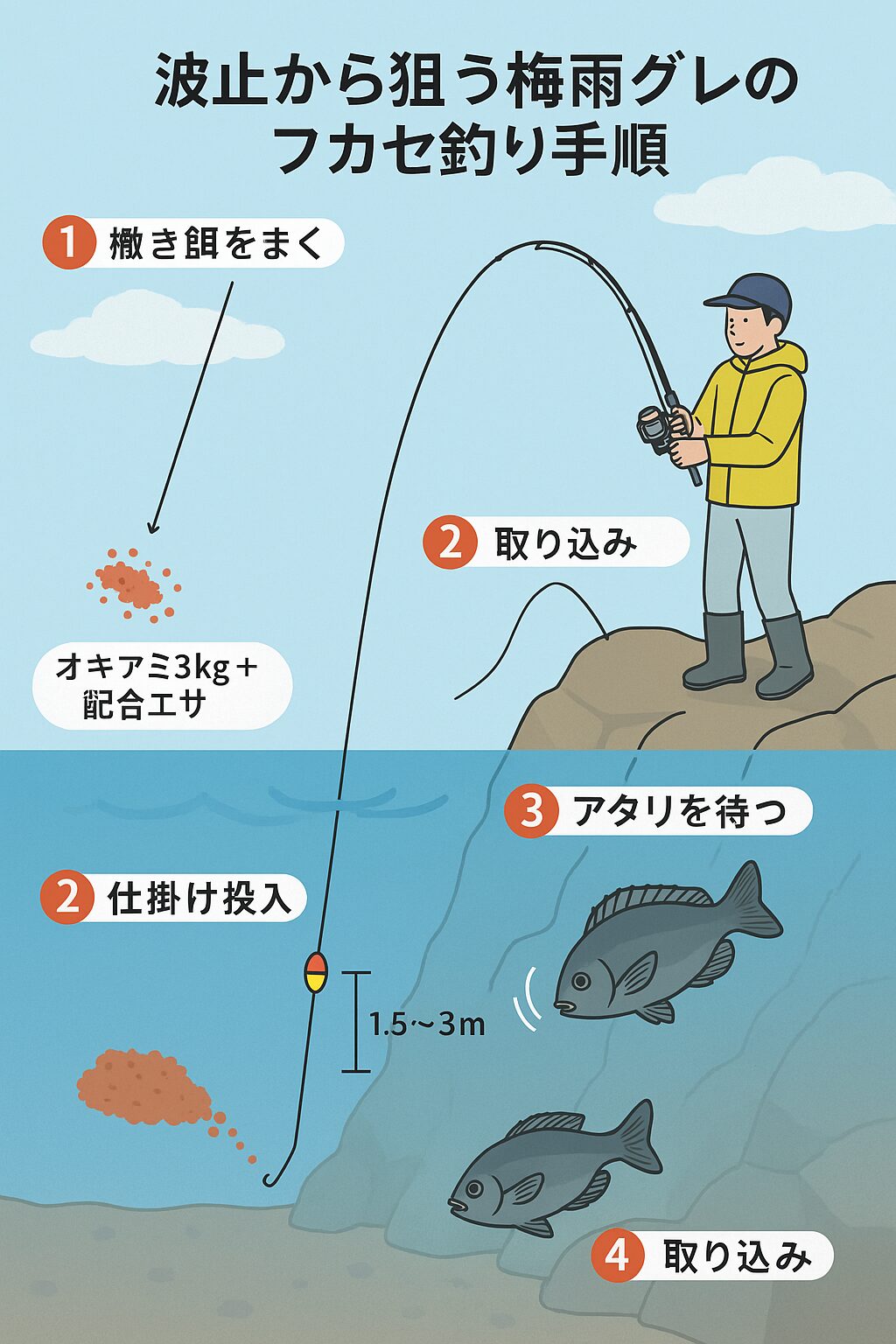 波止から簡単に釣れる梅雨グレ（メジナ）は、フカセ釣り初心者に最適なターゲット。釣太郎