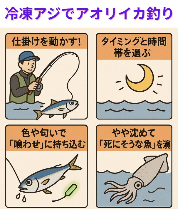 冷凍アジを使ってのアオリイカヤエン釣りのコツ説明。釣太郎