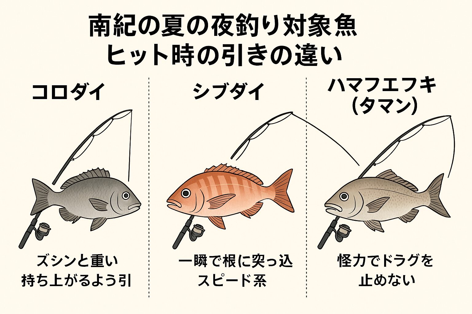 【南紀の夏夜釣り】コロダイ・シブダイ・ハマフエフキ（タマン）――ヒット時の“引き”はどう違う？釣太郎