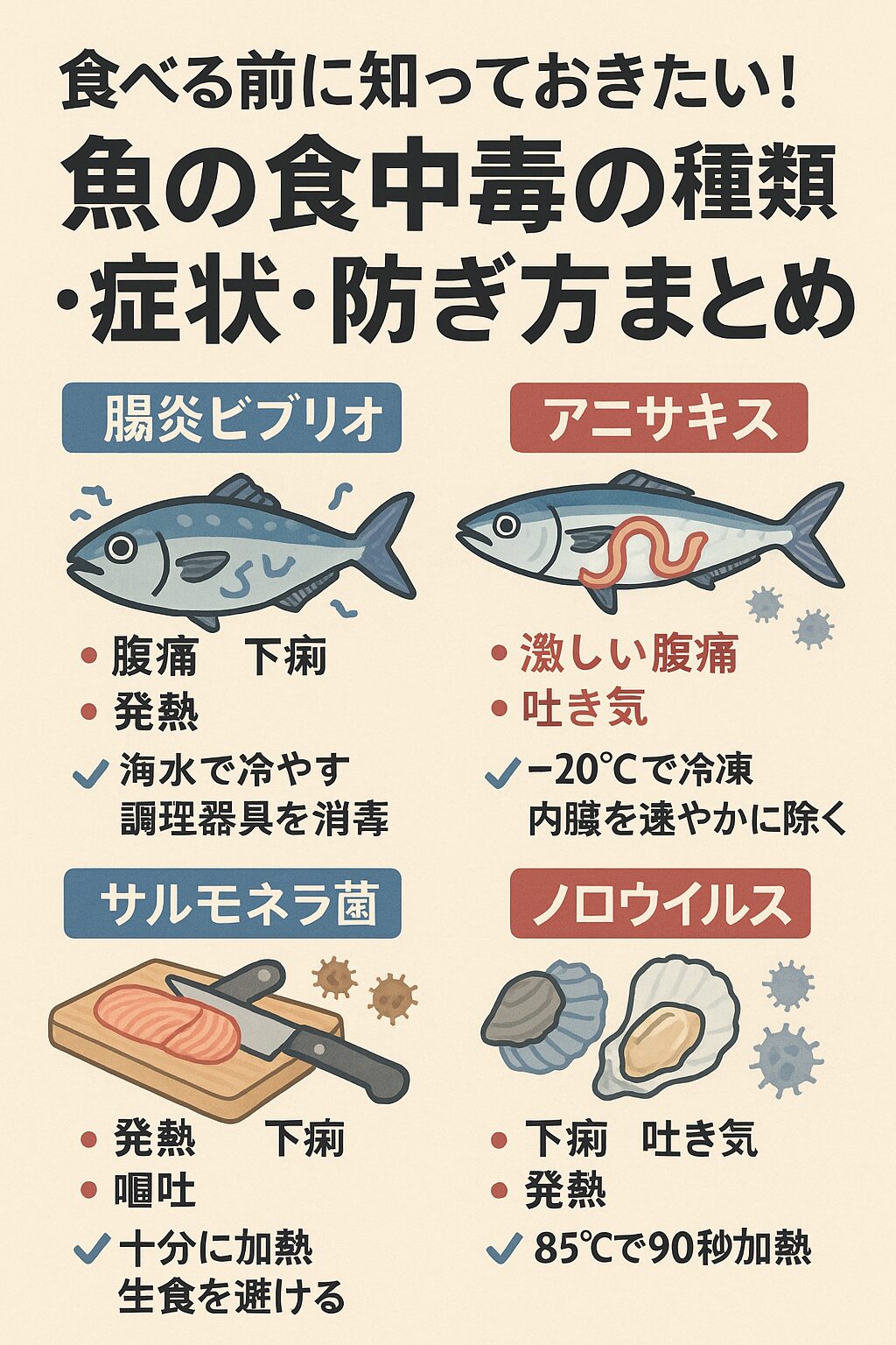 魚の食中毒の種類・症状・防ぎ方まとめ【家庭・釣り・飲食関係者向け】釣太郎