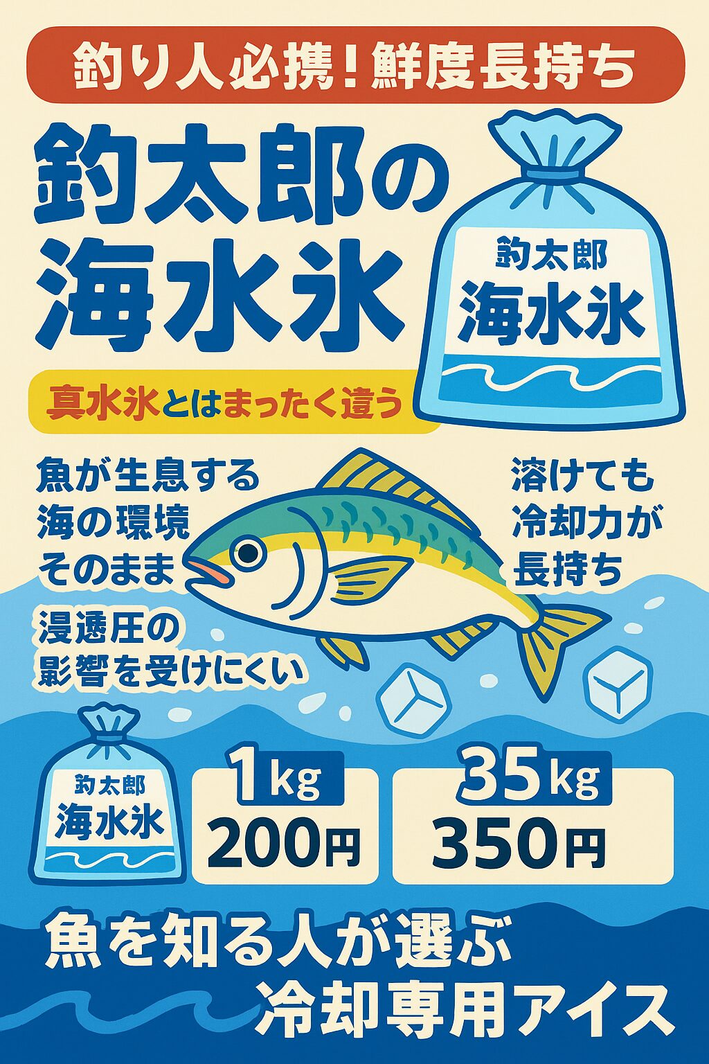 釣り人必携！鮮度長持ち「釣太郎の海水氷」 ～真水氷とはまったく違う！魚を知る人が選ぶ冷却専用アイス～