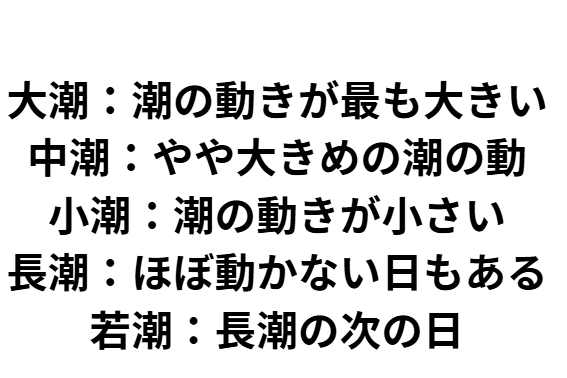 大潮（おおしお）：潮の動きが最も大きい 中潮（なかしお）：やや大きめの潮の動き 小潮（こしお）：潮の動きが小さい 長潮（ながしお）：ほぼ動かない日もある 若潮（わかしお）：長潮の次の日で、少しずつ回復。釣太郎