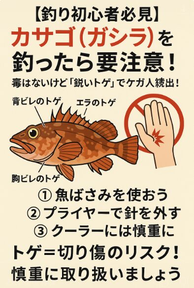 カサゴ（ガシラ）は体に凹凸があり、鋭い刺のような突起も顔に多く、釣った後指先を切ったり突いたりする人は多い。注意魚。釣太郎